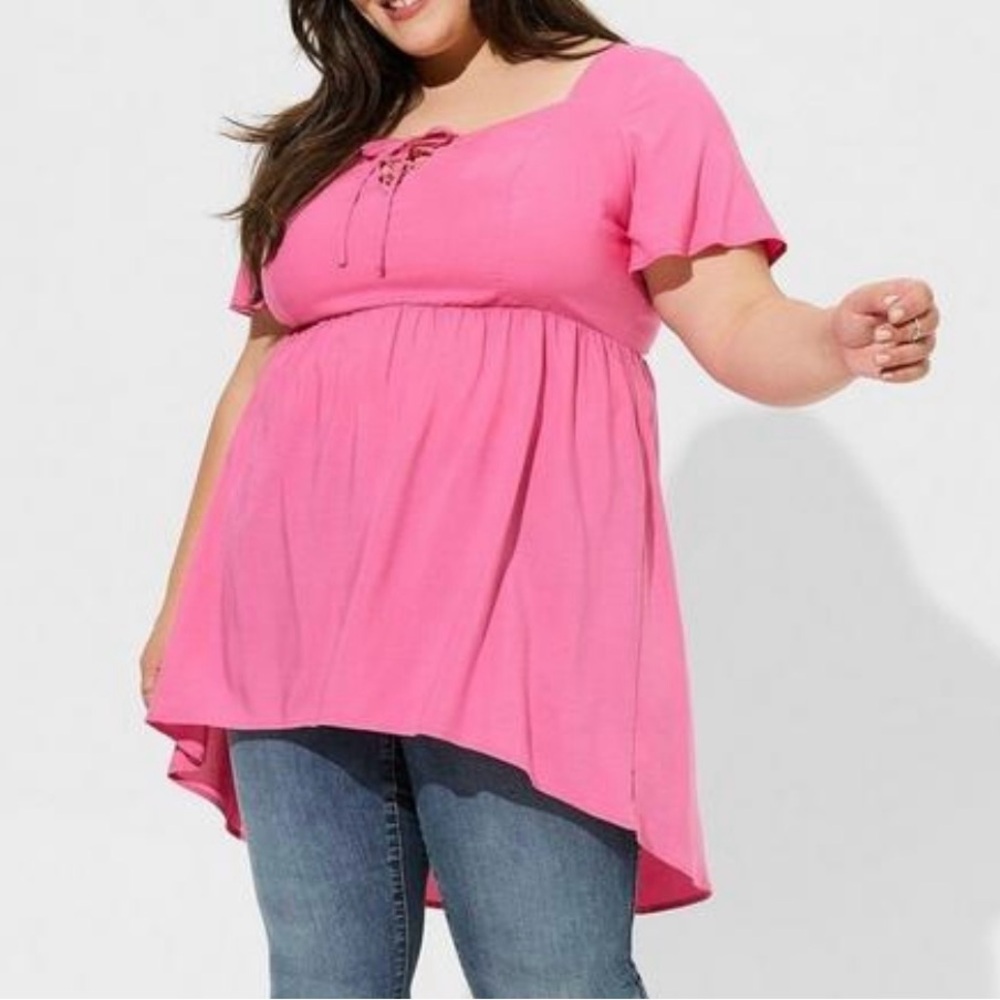 Torrid Babydoll Challis Lace Up Hi-Low Top